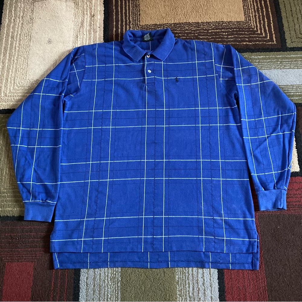 Vintage Polo Ralph Lauren Blue White Grid Long Sleeve Shirt Men's Sz XL USA Made
